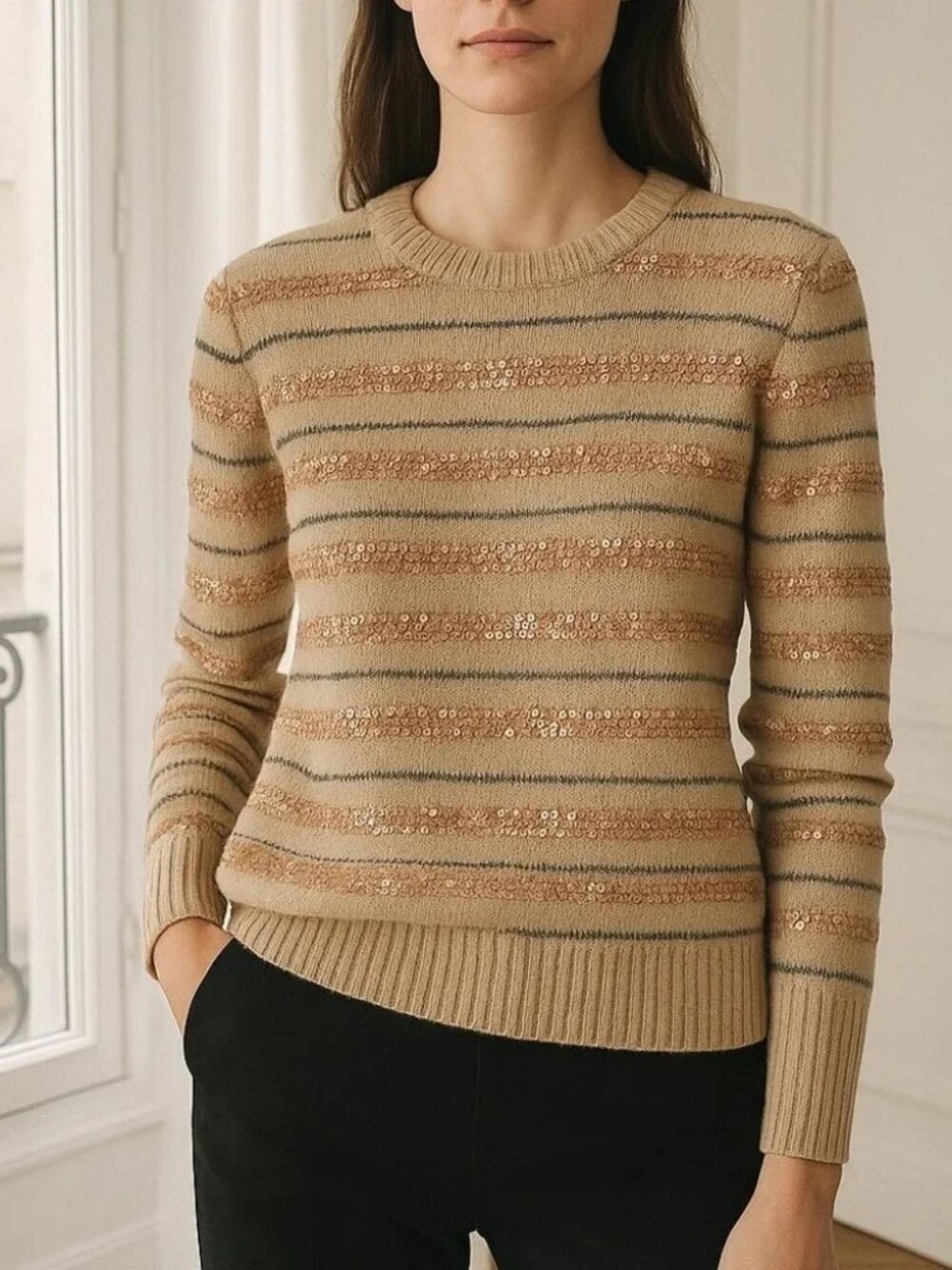 J.Crew Beige Metallic Stripe Crewneck Sweater Size XS